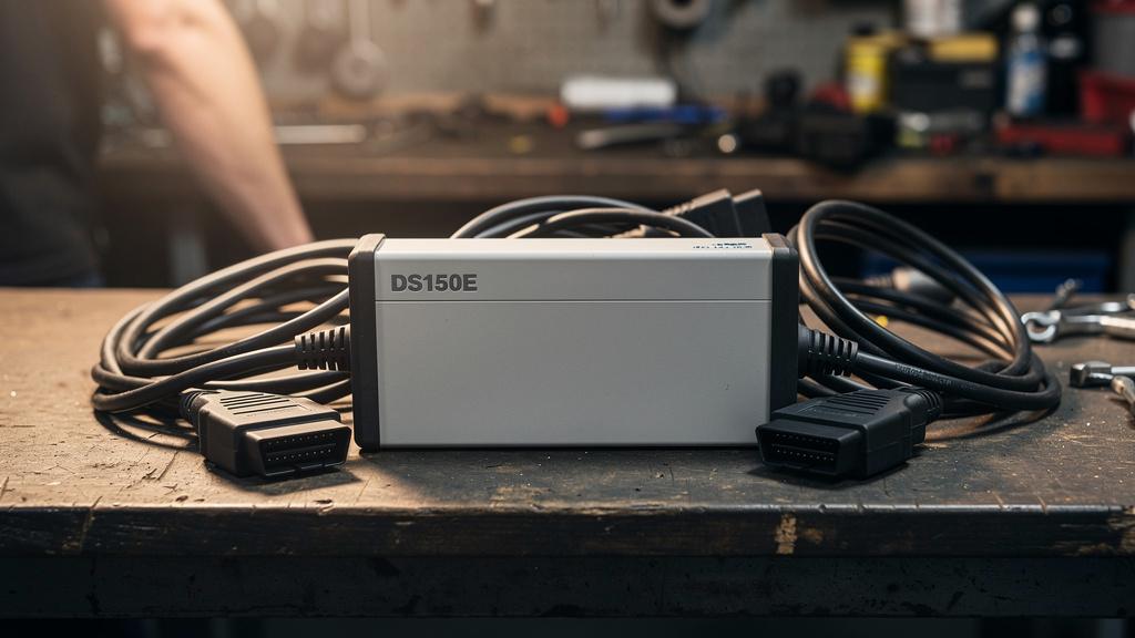 Boîtier DS150E et câbles OBD posés sur un établi de mécanicien