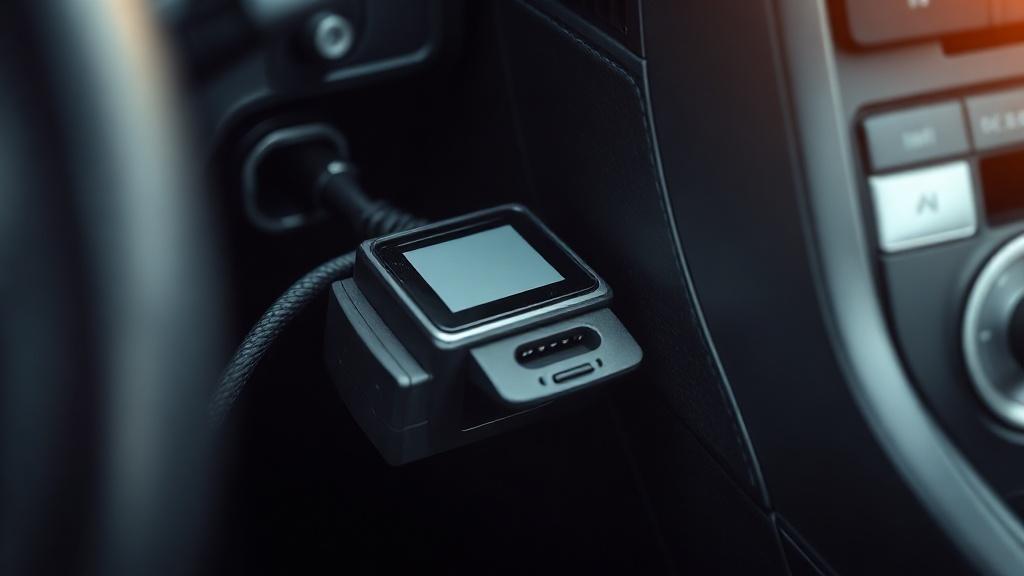 Boîtier OBD2 branché dans le connecteur diagnostic d'une voiture