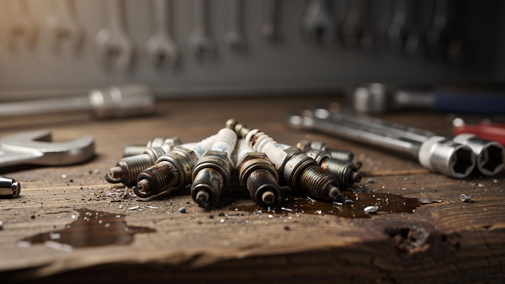 Bougies d'allumage usées posées sur un établi de garage