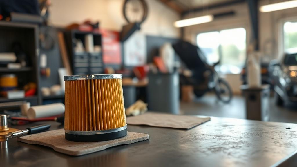 Filtre à particules diesel encrassé posé sur un établi d'atelier automobile