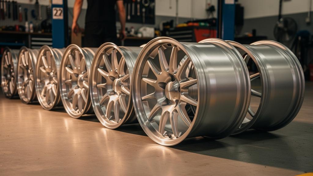 Jantes aluminium rénovées alignées après réparation et peinture