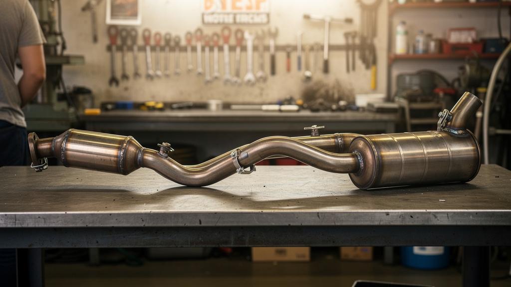 Ligne d'échappement complète avec catalyseur et silencieux posée sur un établi d'atelier