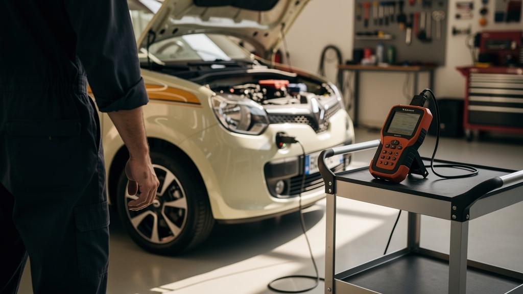 Mécanicien diagnostiquant une Twingo avec valise OBD2