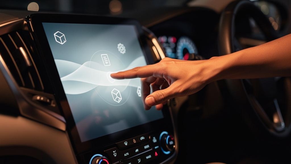 Main saisissant un code sur un écran multimédia de voiture
