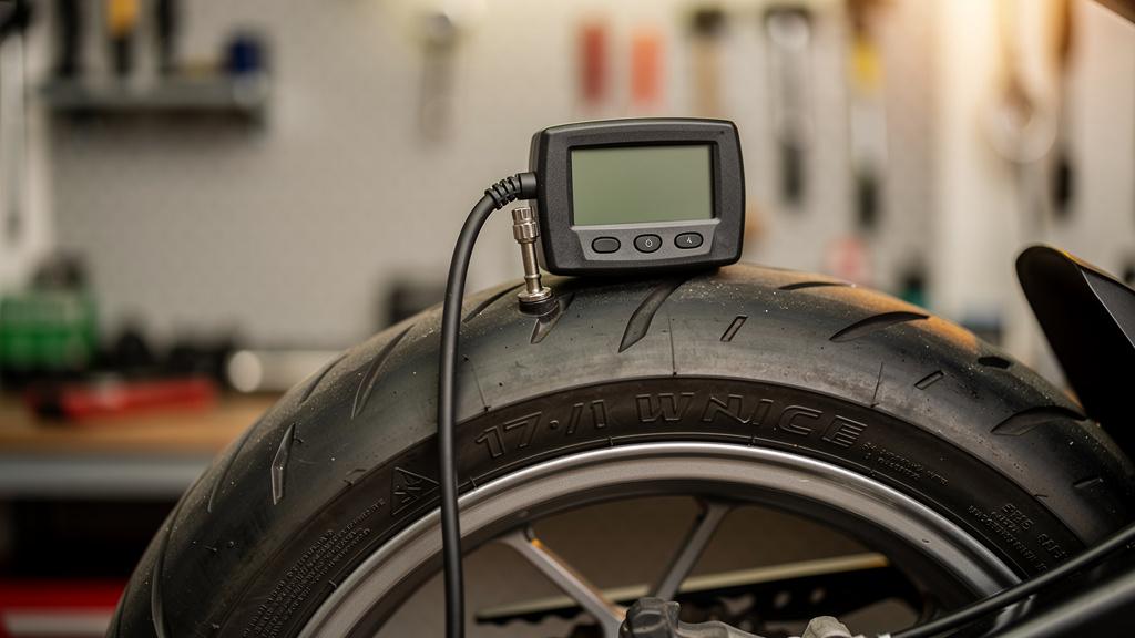Manomètre numérique posé sur un pneu moto 17 pouces