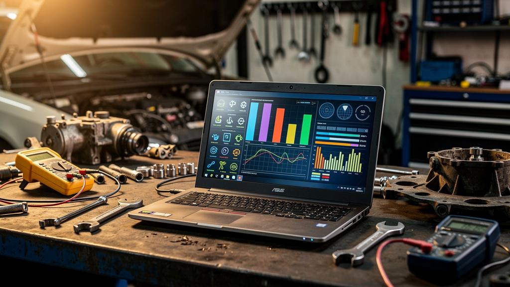 Ordinateur portable affichant des codes de diagnostic moteur sur un établi de garage