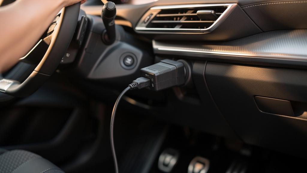 Scanner OBD2 connecté à la prise diagnostic d'une Peugeot