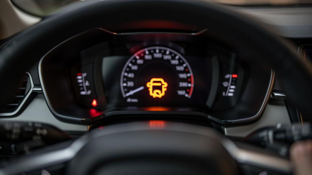 Tableau de bord d'une voiture avec voyant moteur orange allumé