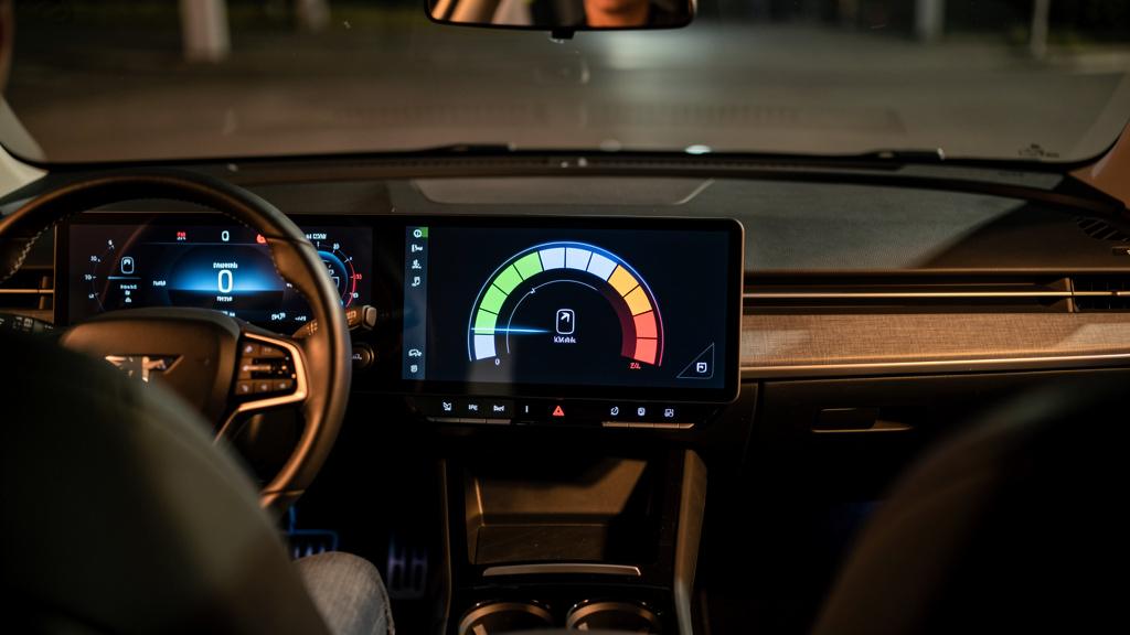 Tableau de bord numérique d'un véhicule électrique affichant la puissance en kW