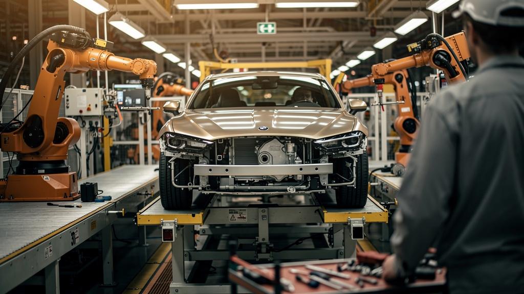 Techniciens assemblant une voiture de luxe en usine