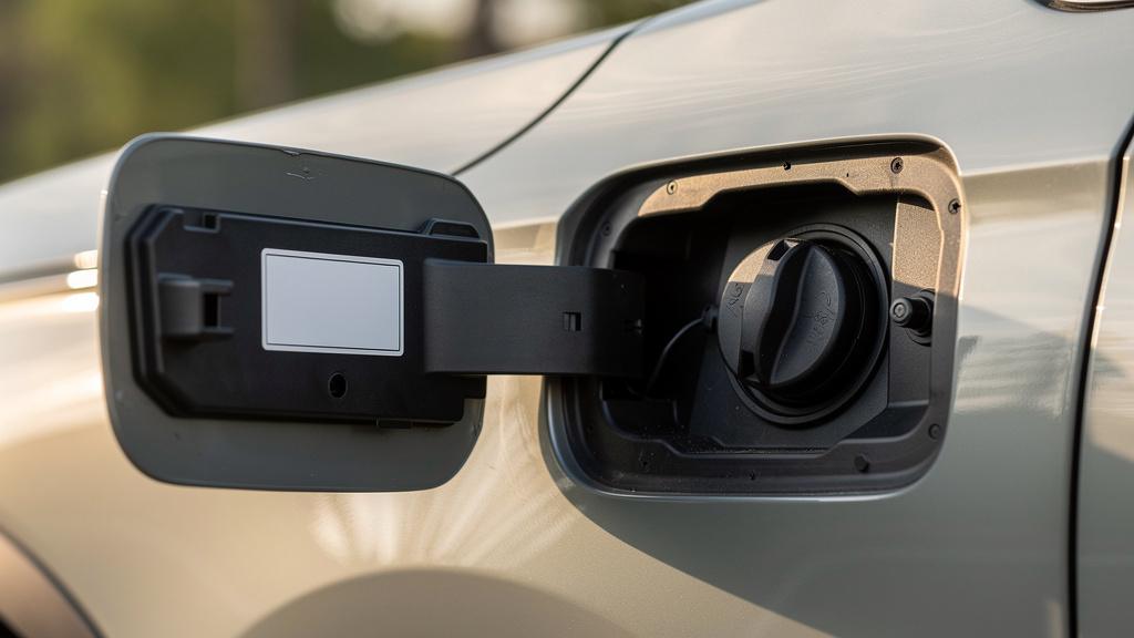 Trappe à carburant ouverte sur une voiture avec étiquette de compatibilité