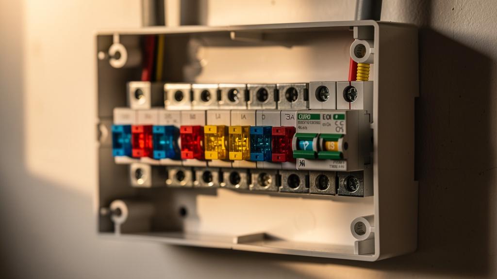 Vue rapprochée d'une boîte à fusibles ouverte avec fusibles colorés