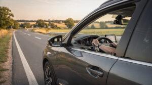 Conducteur au volant d'un SUV Peugeot sur route nationale