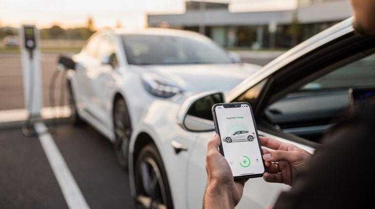 Conducteur consultant l'application Tesla devant une borne Supercharger