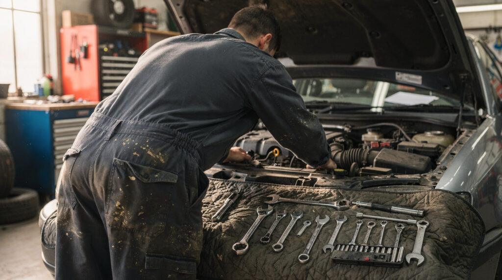 Mécanicien inspectant un moteur diesel de Mégane 3