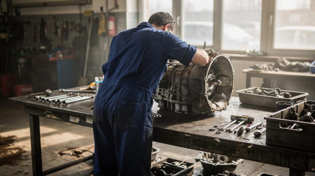 Mécanicien inspectant une transmission automatique dans un atelier automobile