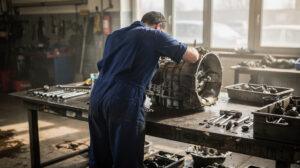 Mécanicien inspectant une transmission automatique dans un atelier automobile