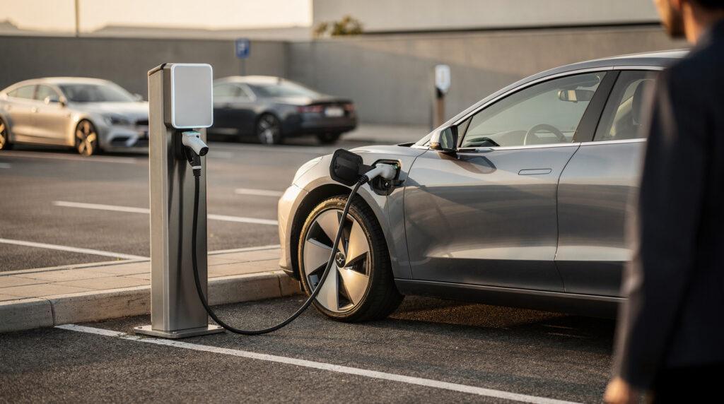 Une voiture électrique branchée à une borne Supercharger dans un parking