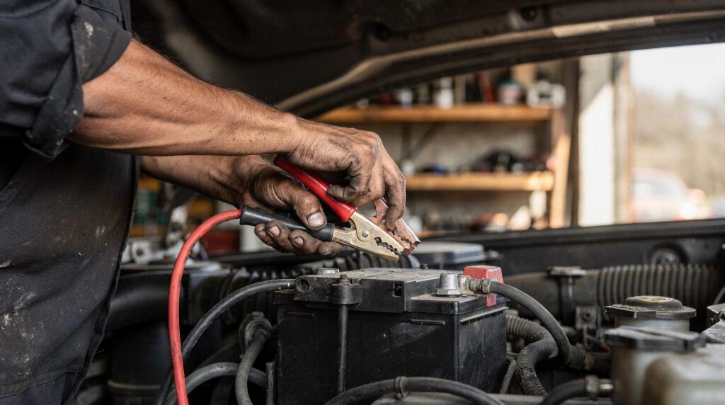 Câbles de démarrage branchés sur une Toyota hybride