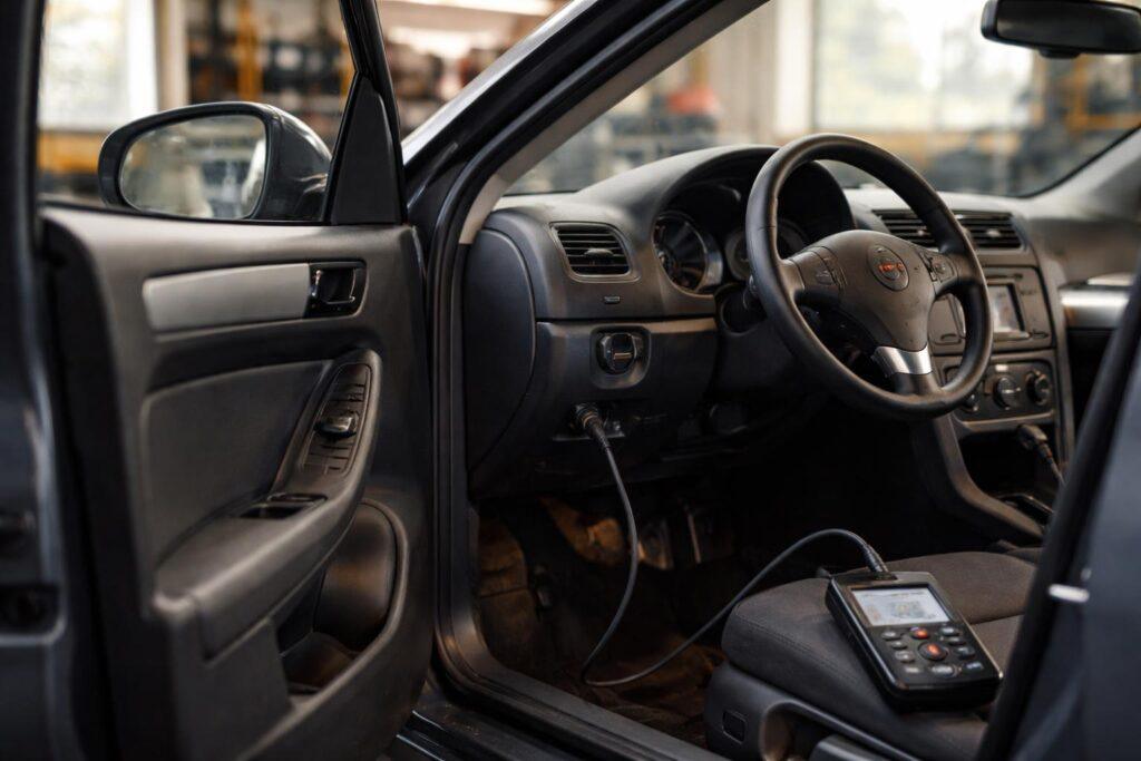 Mécanicien connectant un scanner OBD2 sous le tableau de bord d'un diesel