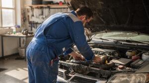 Mécanicien inspectant un moteur 1.2 PureTech sous le capot d'une Peugeot 3008