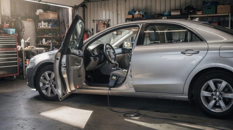 Technicien branchant un outil de diagnostic OBD sur une Peugeot