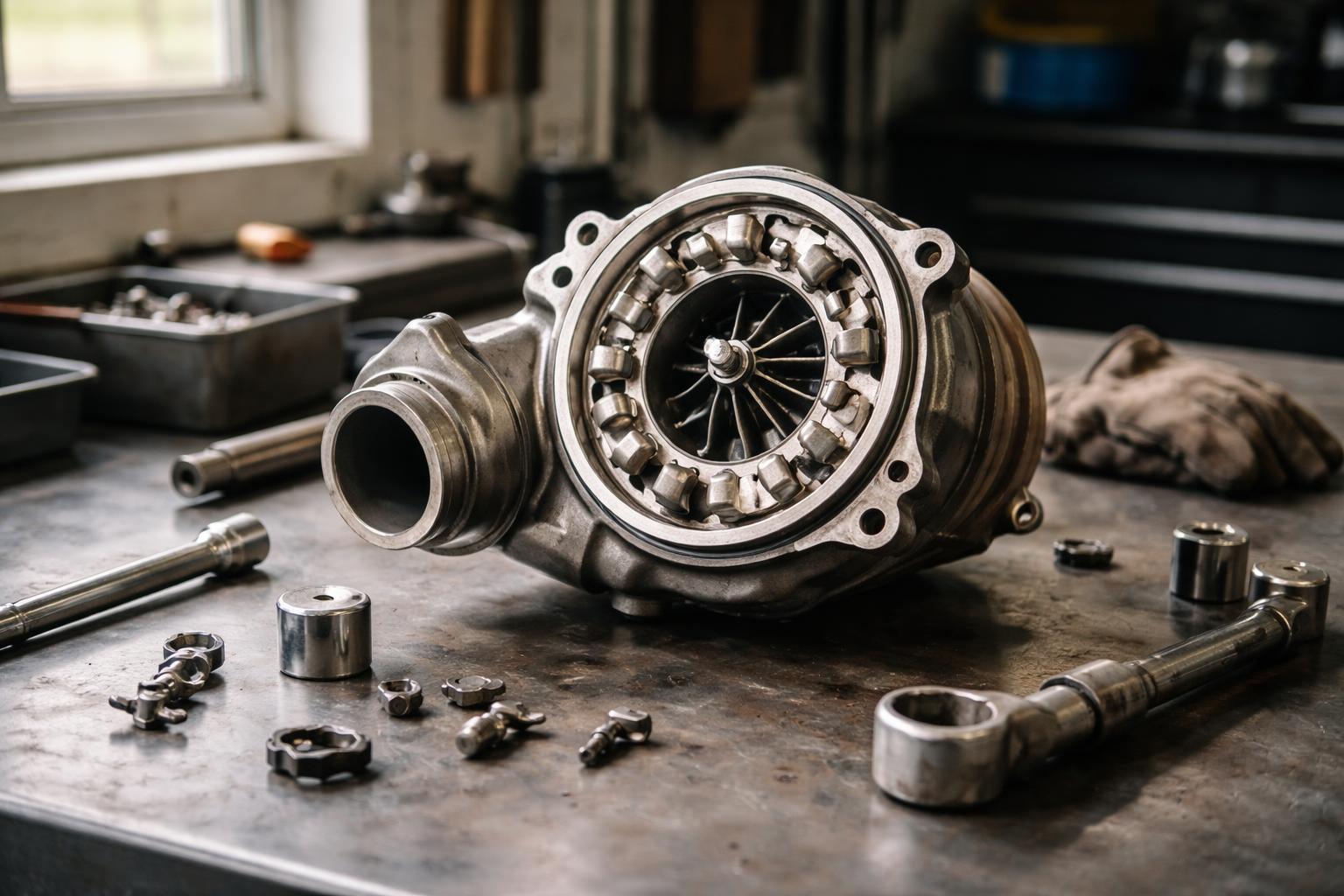 Turbocompresseur à géométrie variable démonté sur un établi d'atelier