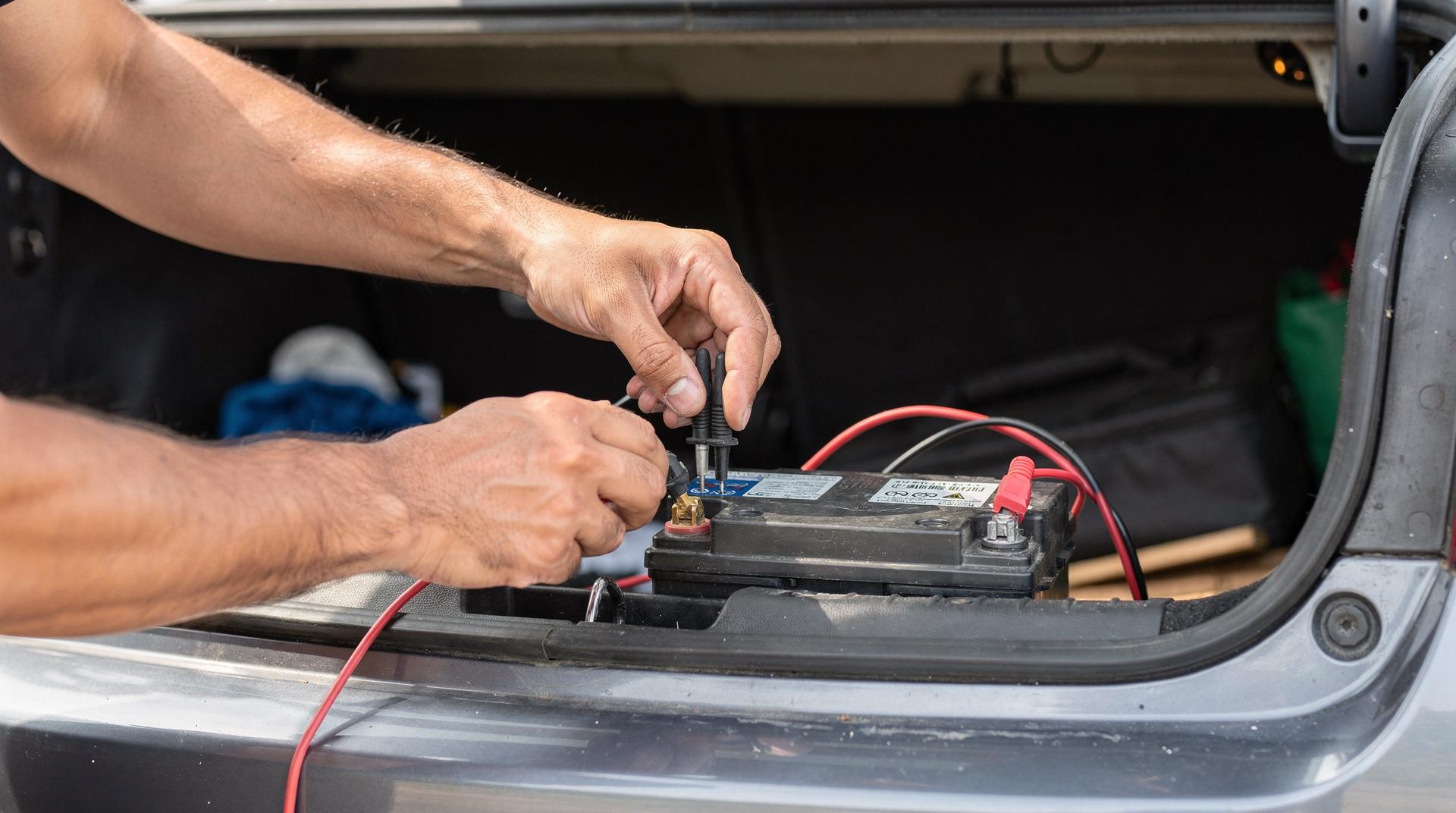 Vérification de la batterie 12V dans le coffre d'une Toyota Yaris
