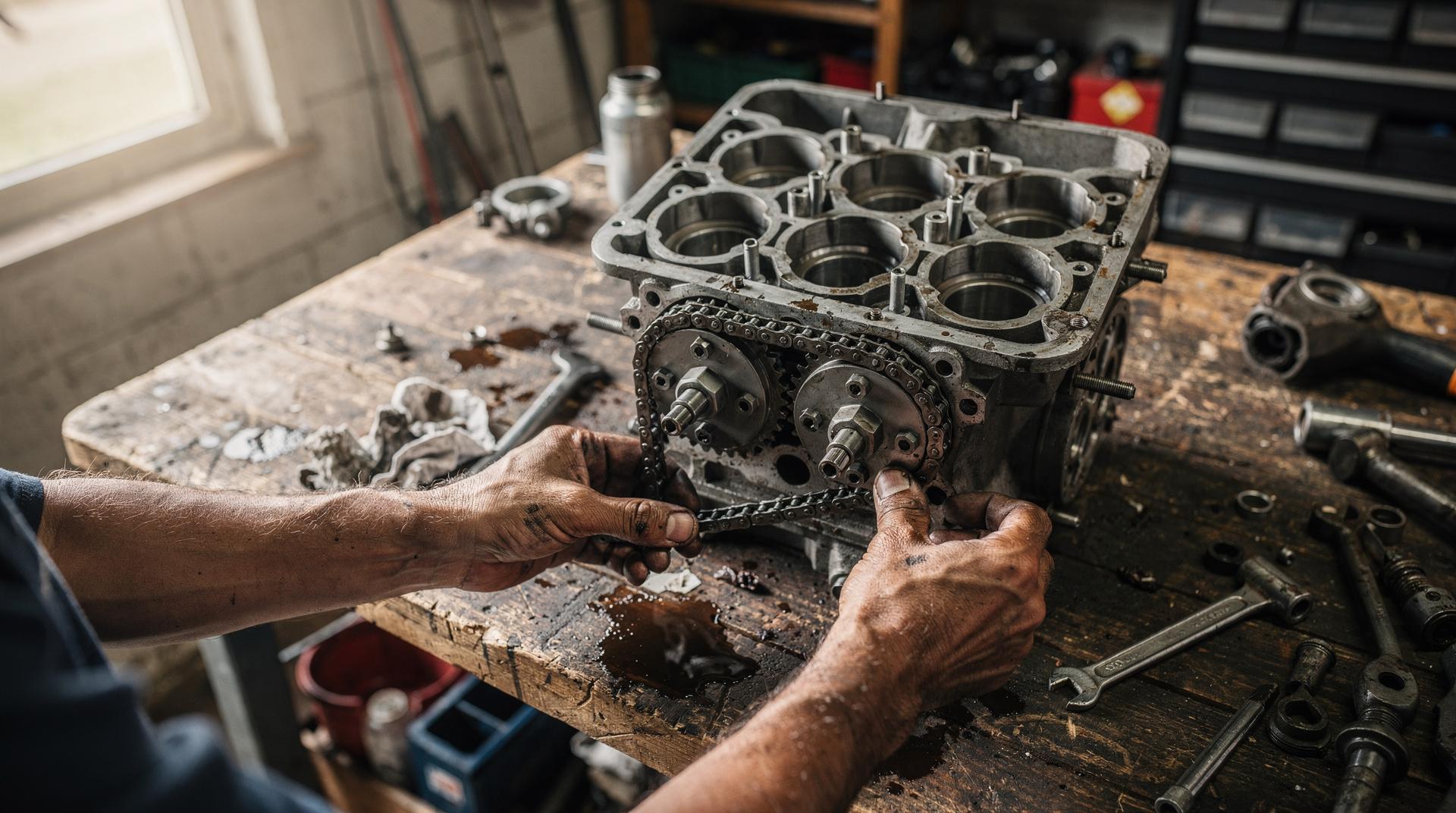 Vue rapprochée d'une chaîne de distribution sur un moteur ouvert